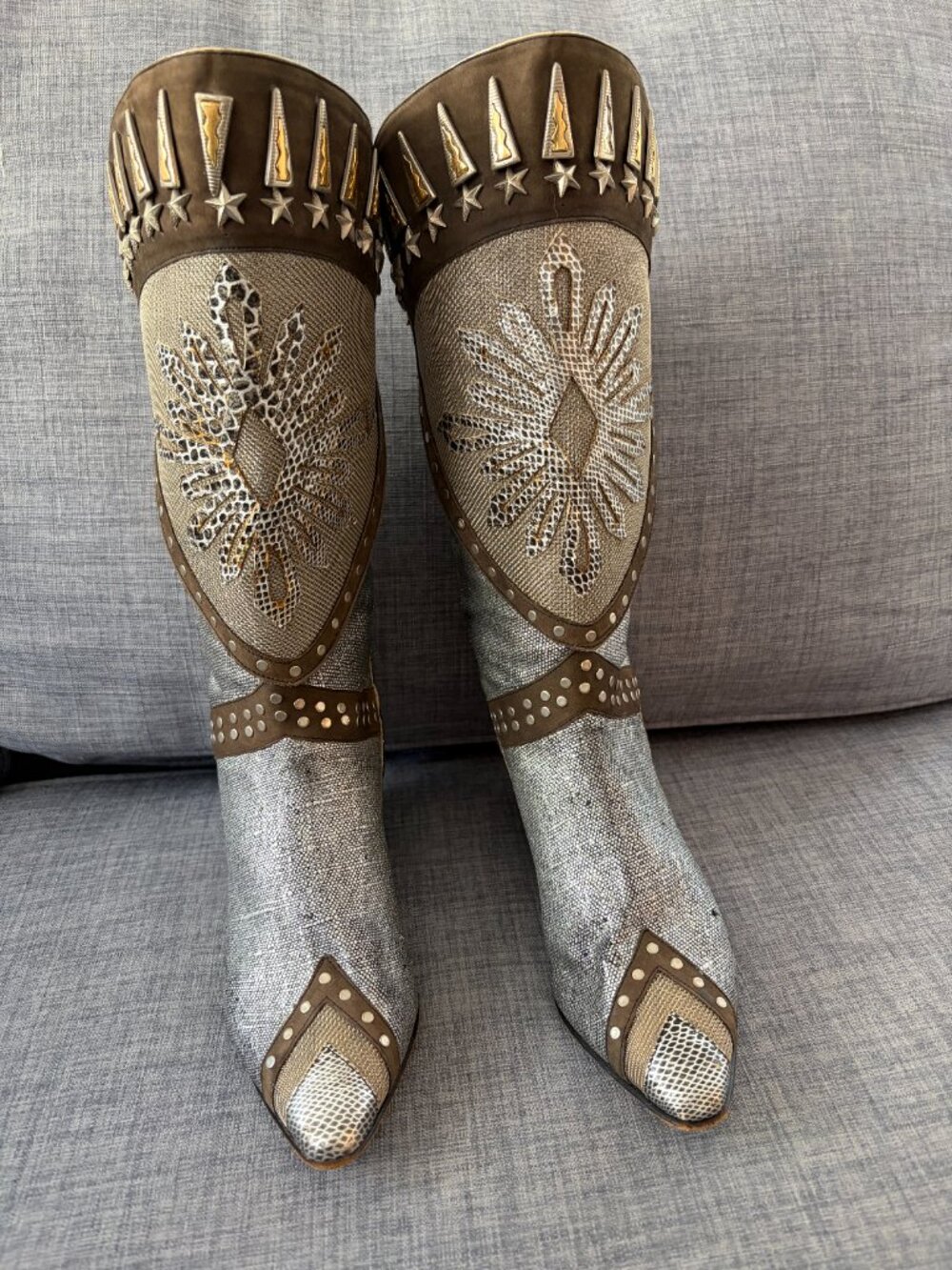 Vintage El Vaquero Boots Brown Metallic Fabric RARE 6.5 Women